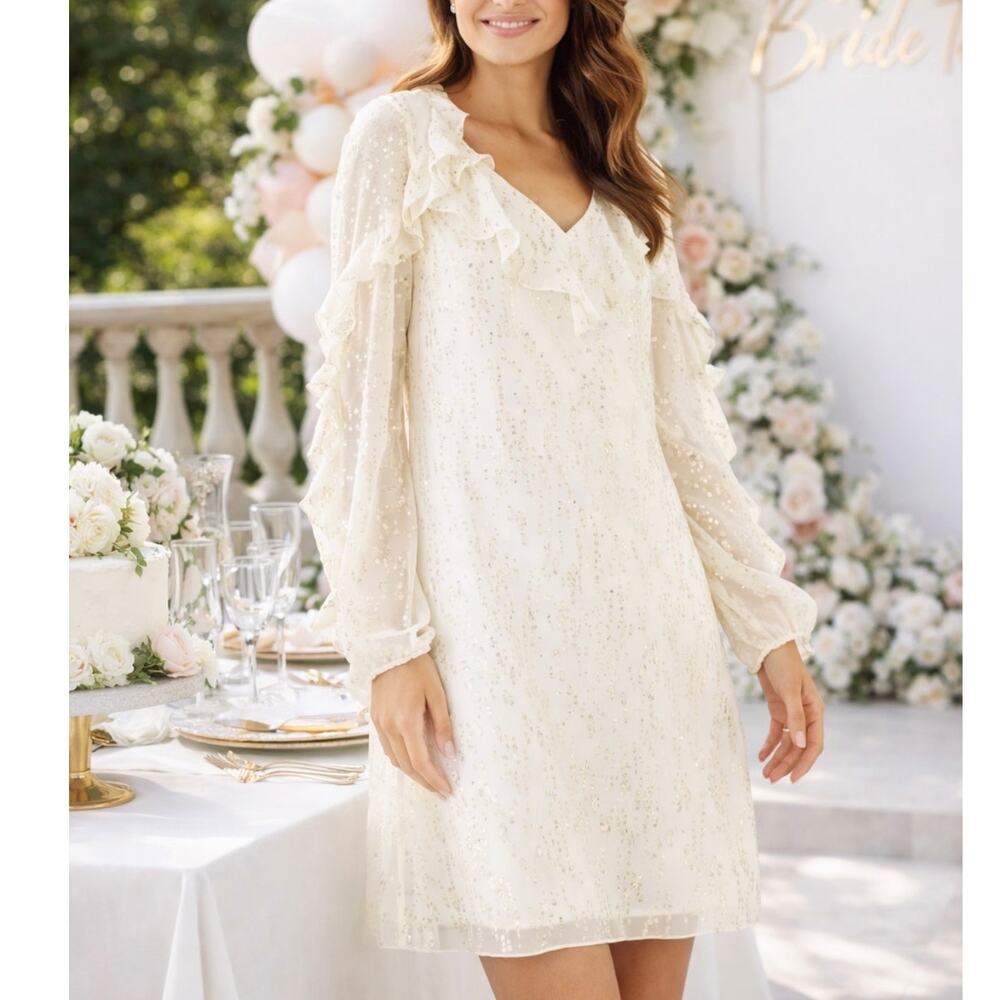 Lilly Pulitzer White Coconut Gold Belle Silk Long Sleeve Midi Dress Size 2